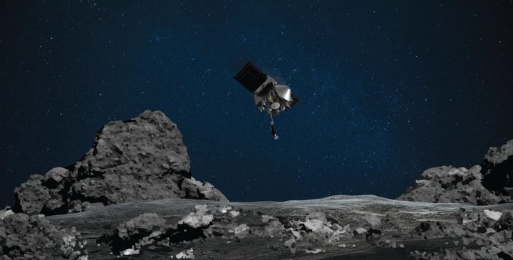 An artist's impression of NASA’s OSIRIS-REx mission readying itself to touch the surface of asteroid Bennu.