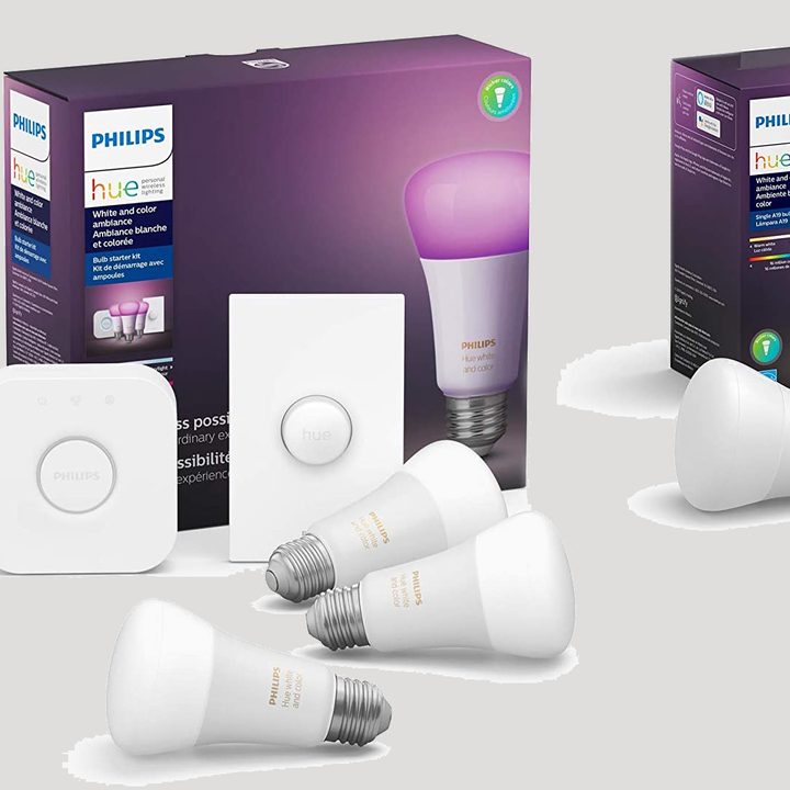 Philips Hue White and Color LED Smart Button Starter Kit with Philips Hue White and Color Ambiance A19 LED Smart Bulb.