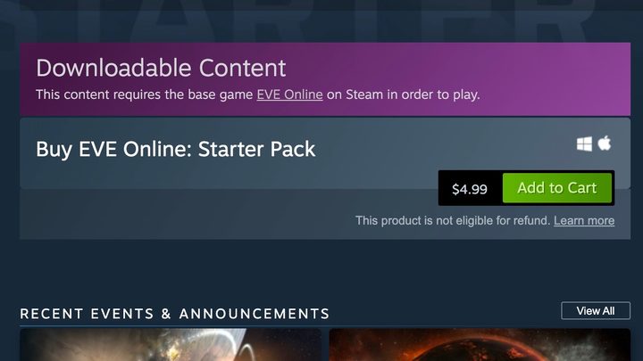 This shows some EVE Online DLC that is not eligible for refund.