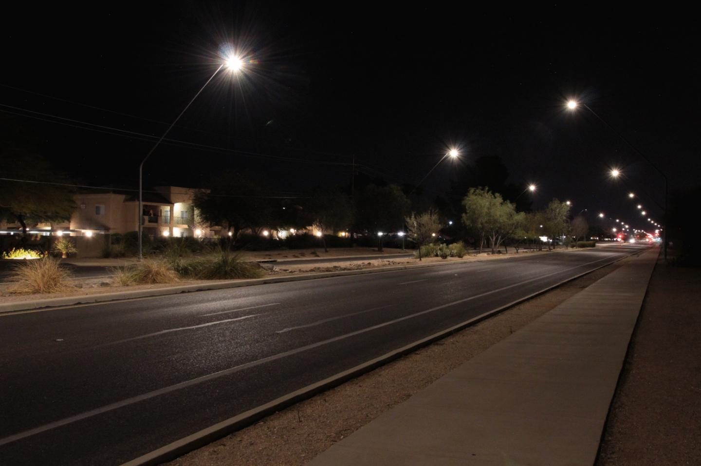 View of a street in Tucson with the lights set to 30 and 90 percent illumination
