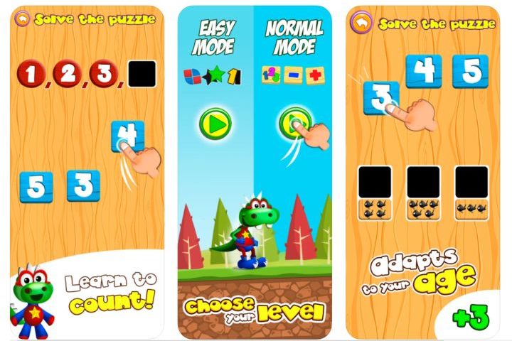 Dino Tim game featuring a cartoon character and numbers for counting.