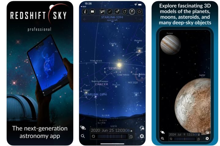 Redshift Sky Pro app showing 3D models of planets and stars.