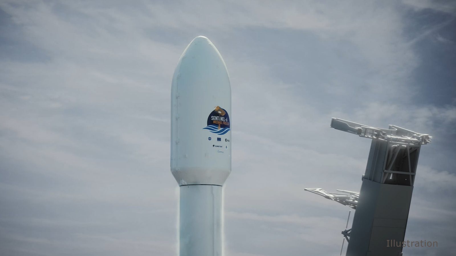 This illustration shows the SpaceX Falcon 9 rocket's nose cone, with the Sentinel-6 Michael Freilich satellite inside, shortly before launch.