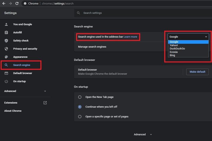 Chrome search engine settings screenshot