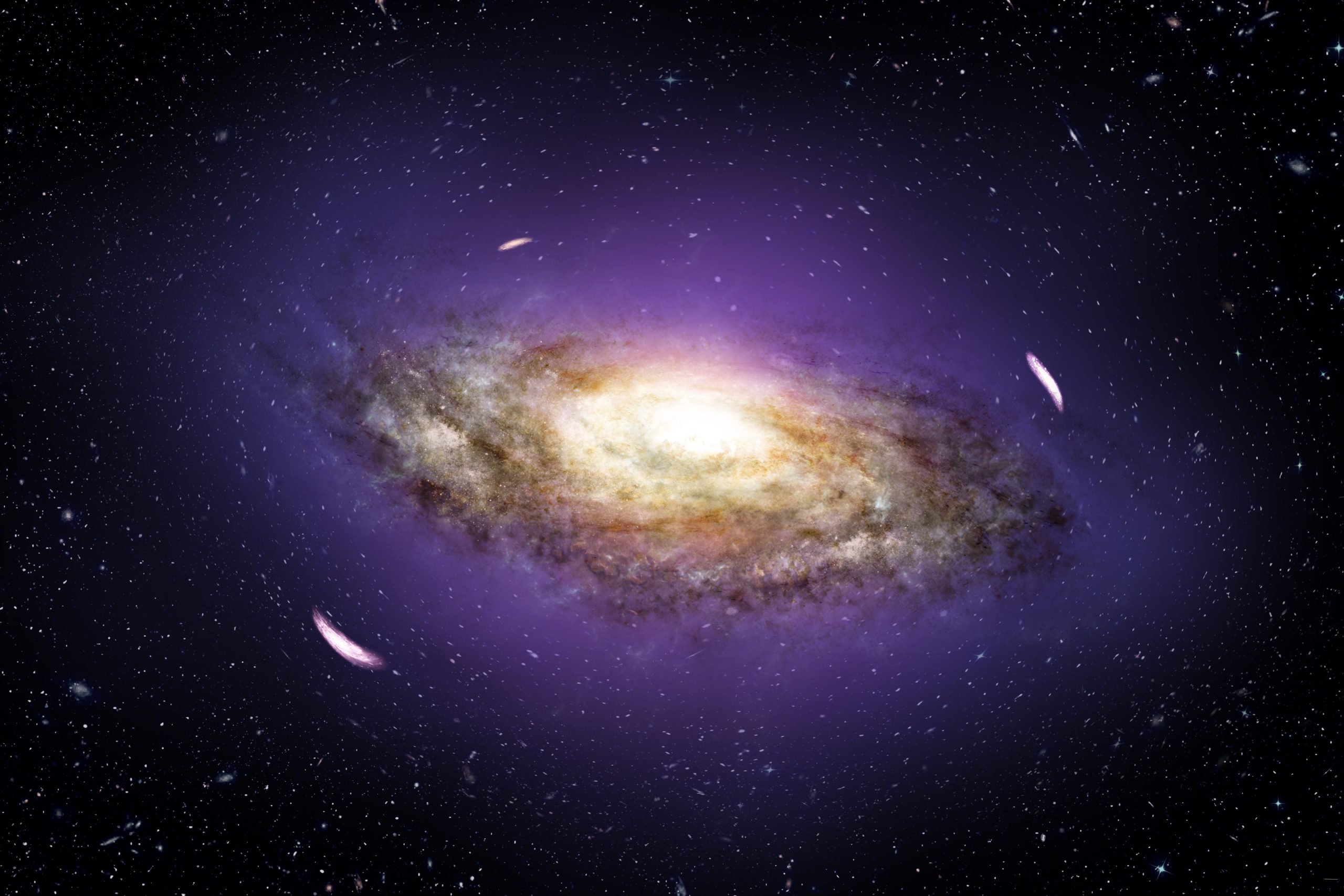 Artist's impression of a galaxy surrounded by gravitational distortions due to dark matter. Galaxies live inside larger concentrations of invisible dark matter (coloured purple in this image), however the dark matter's effects can be seen by looking at the deformations of background galaxies.