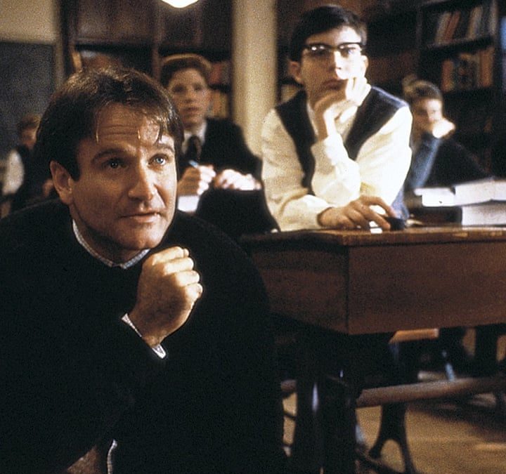 Robin Williams on his knees in the classroom on Dead Poets Society.