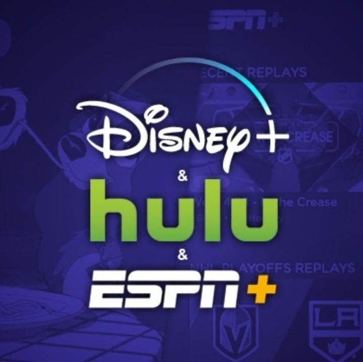 The Disney Plus, Hulu, and ESPN Plus logos on a purple background.