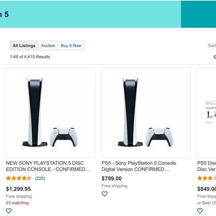 PS5 listtings on eBay.