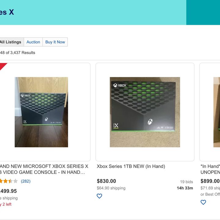 Listings of the Xbox Series X on eBay.
