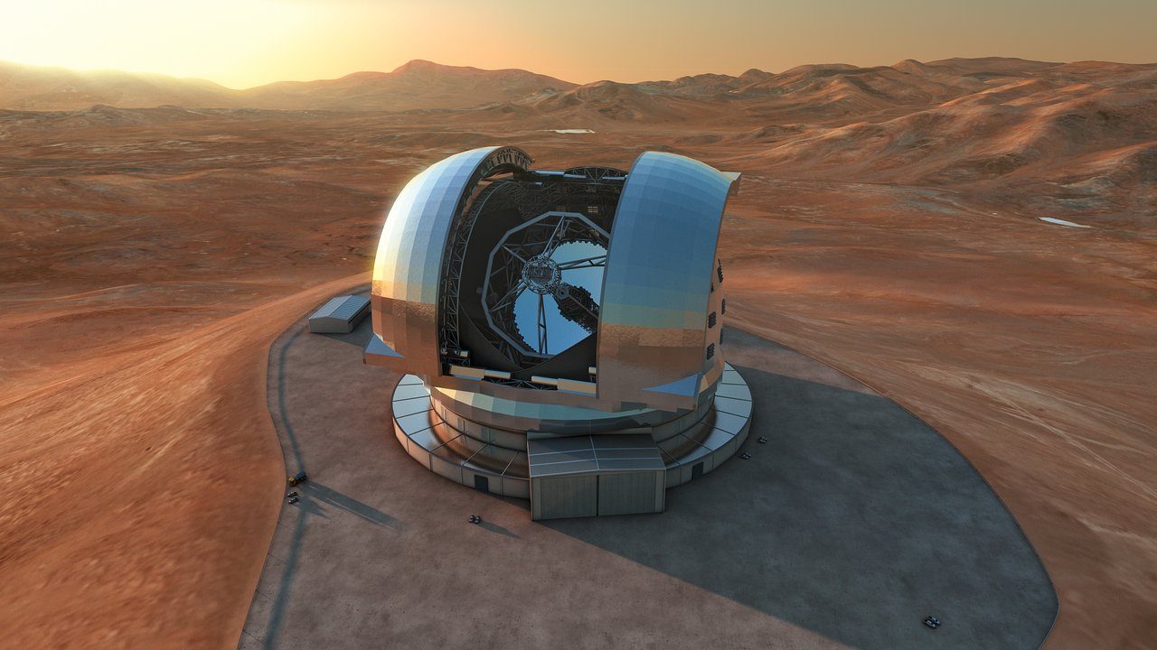 Artist's impression of the Extremely Large Telescope (ELT) in its enclosure on Cerro Armazones, a 3046-metre mountaintop in Chile's Atacama Desert. The 39-metre ELT will be the largest optical/infrared telescope in the world.