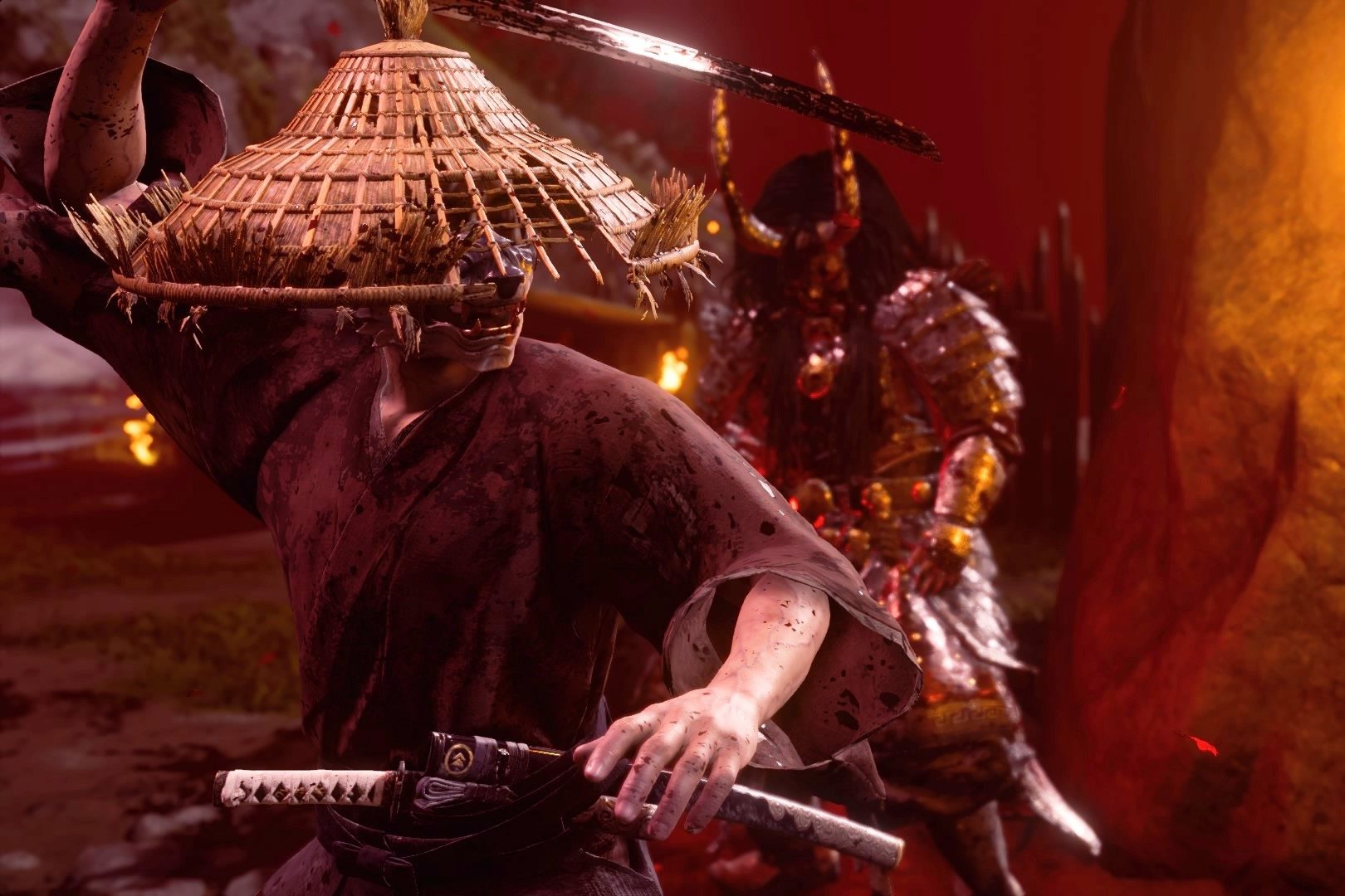 A Ronin fights an Oni in Ghost of Tsushima.