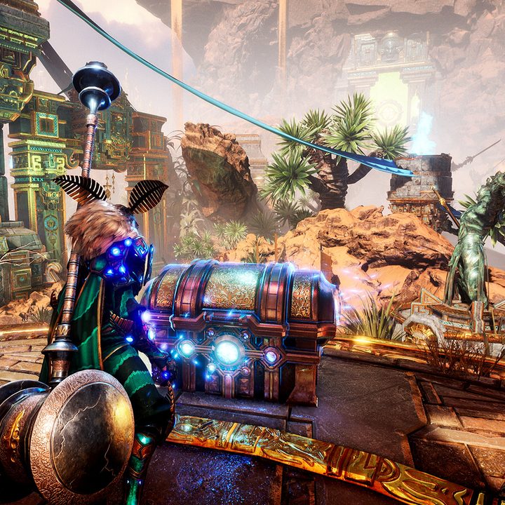 Godfall player staring at a treasure chest.