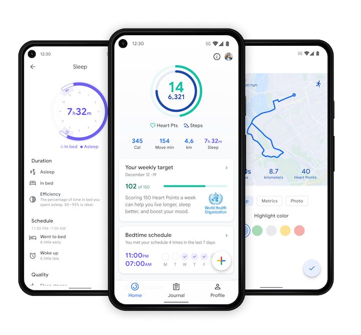 Three screenshots of the Google Fit app