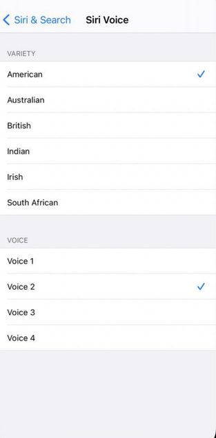 Choosing from Siri accents and voice types.