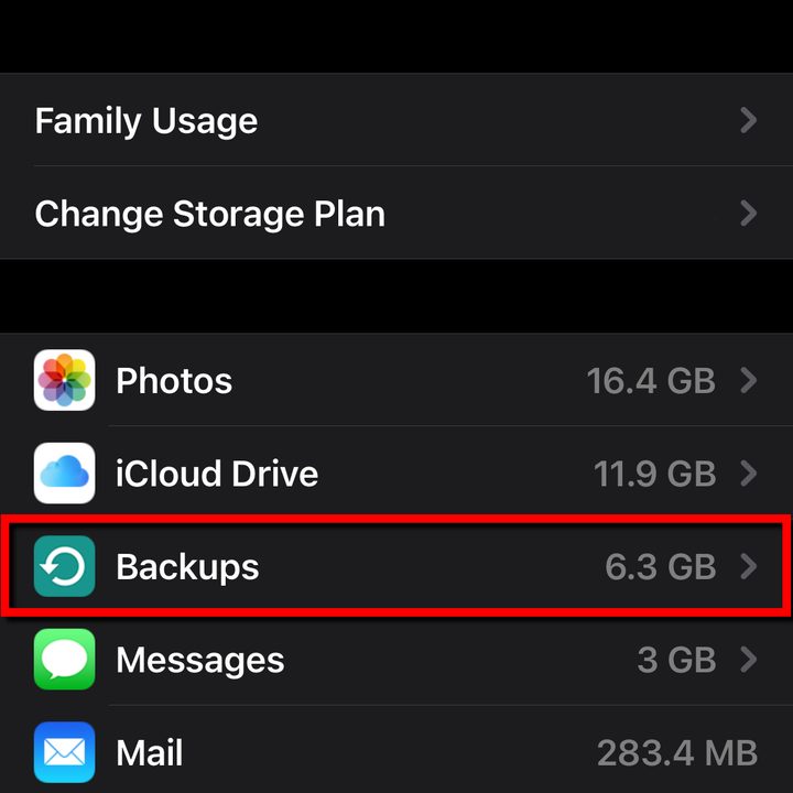 Select manage backups.