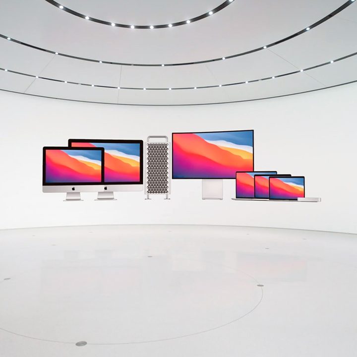 A range of new Macs being introduced at an Apple event.