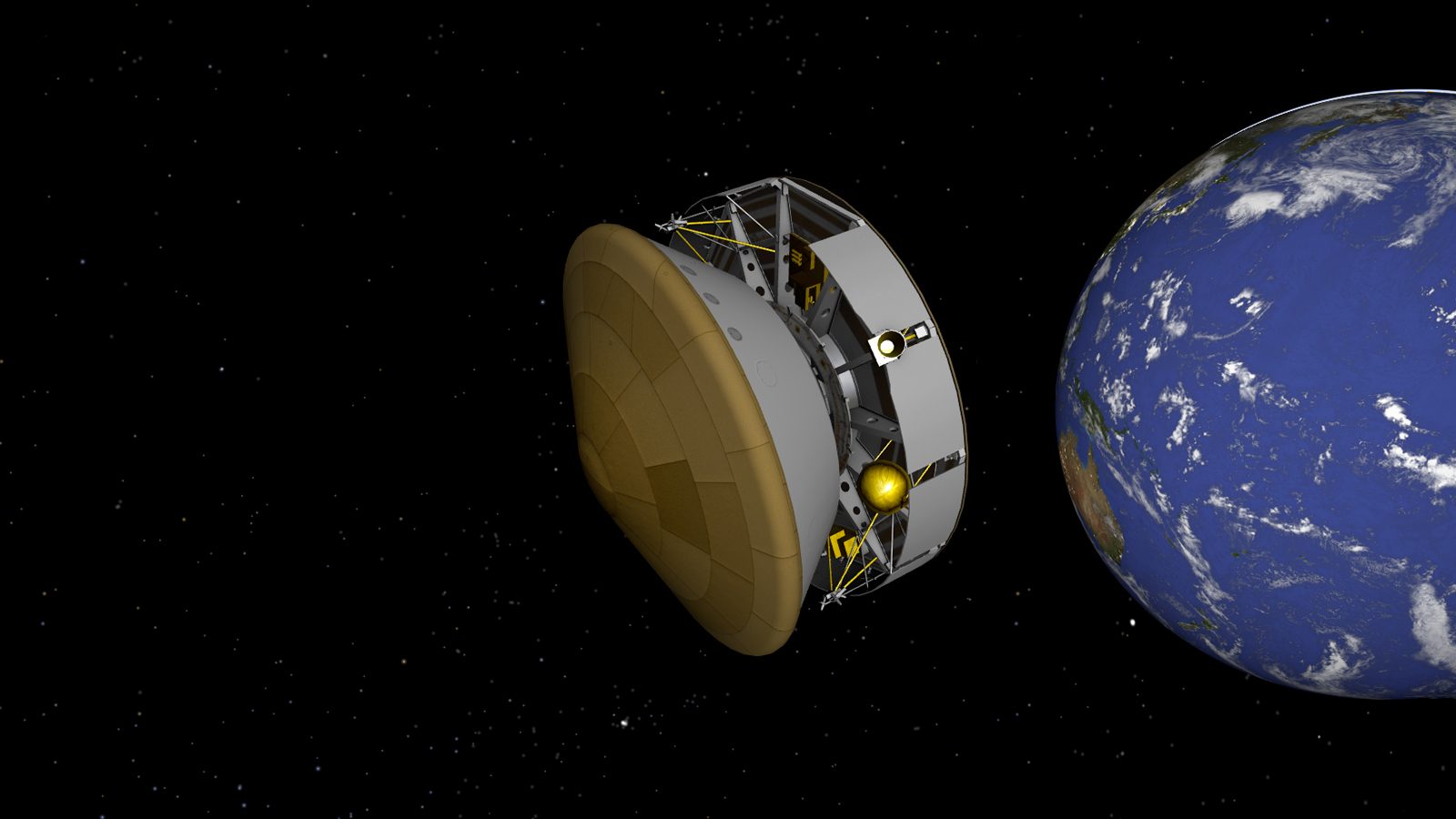 Illustration of the Perseverance rover on its way to Mars inside its protective aeroshell.