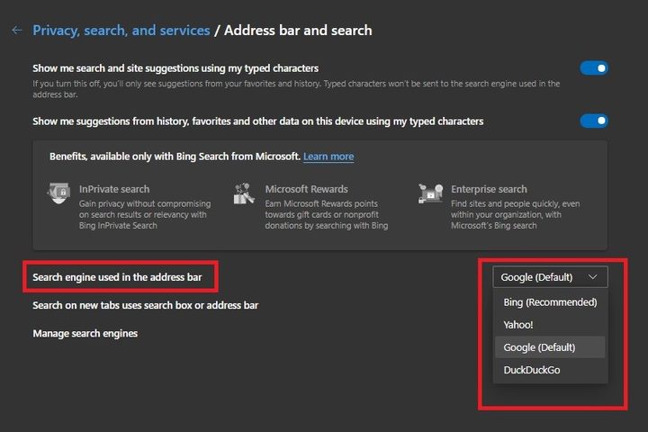 Microsoft Edge search engine settings screenshot