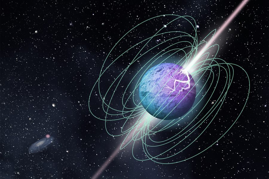 This artist's impression of a magnetar in outburst, showing complex magnetic field structure and beamed emission, is here imagined as following a crust-cracking episode.