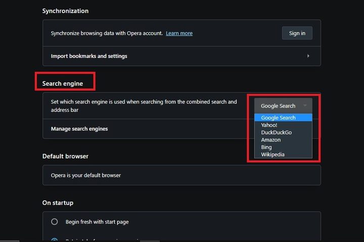 Opera search engine settings screenshot