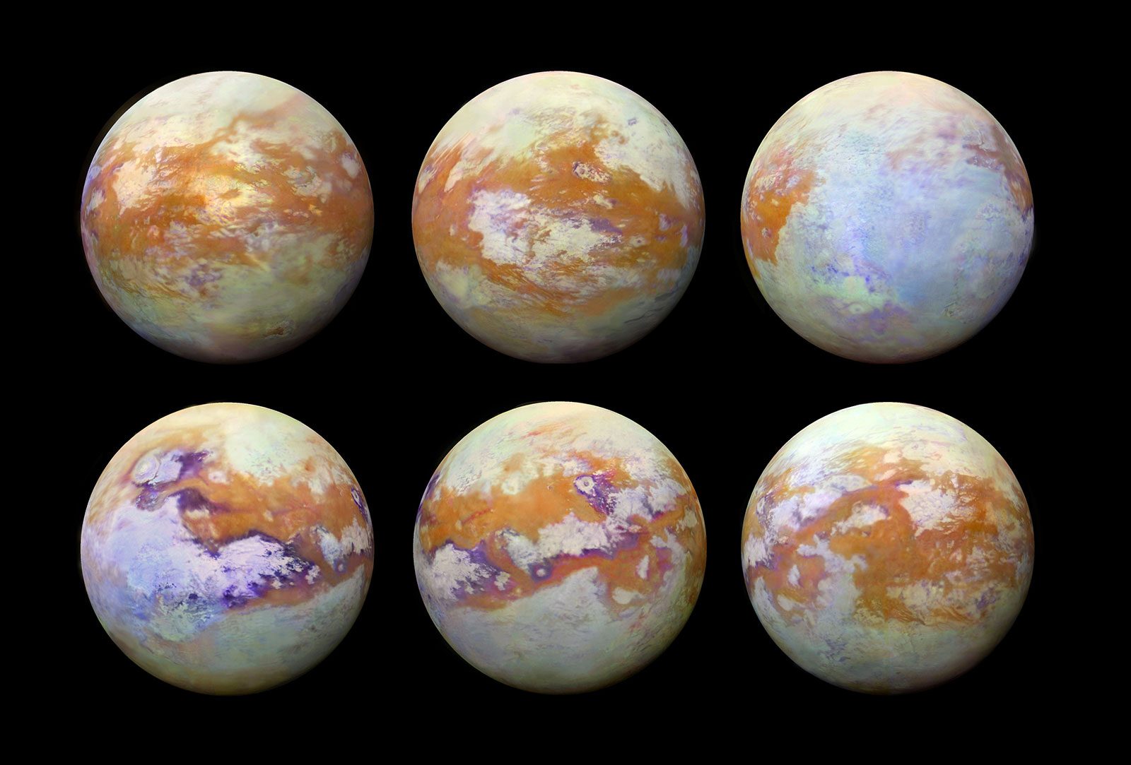 These six infrared images of Saturn’s moon Titan represent some of the clearest, most seamless-looking global views of the icy moon’s surface produced so far. The views were created using 13 years of data acquired by the Visual and Infrared Mapping Spectrometer (VIMS) instrument on board NASA’s Cassini spacecraft.