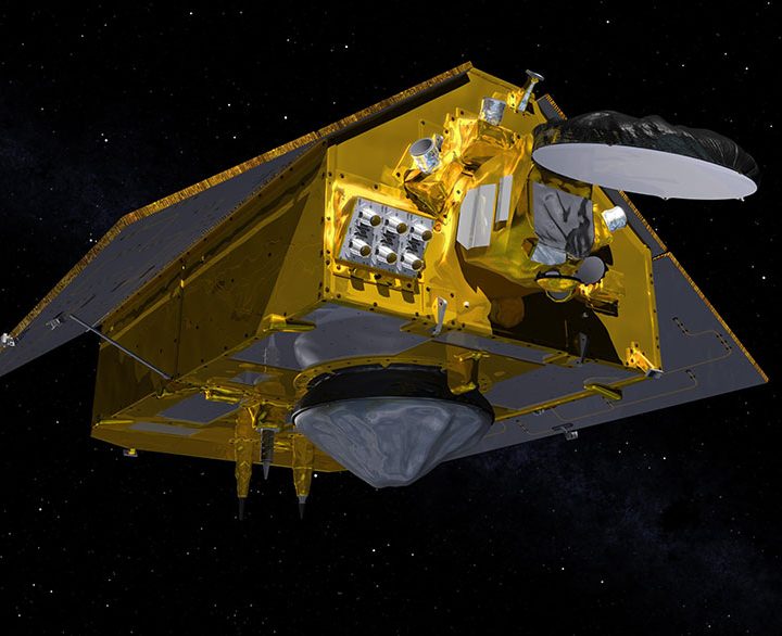 Illustration showing the front of the Sentinel-6 Michael Freilich spacecraft in orbit above Earth with its deployable solar panels extended.