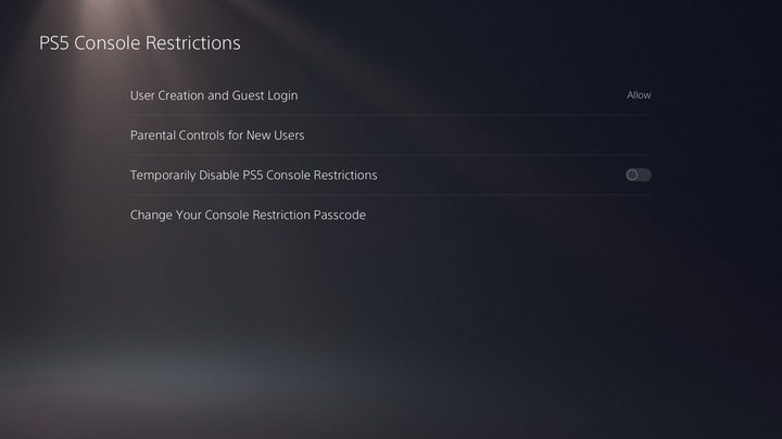 PS5 Console Restrictions Menu