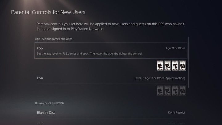 PS5 Parental Controls Menu