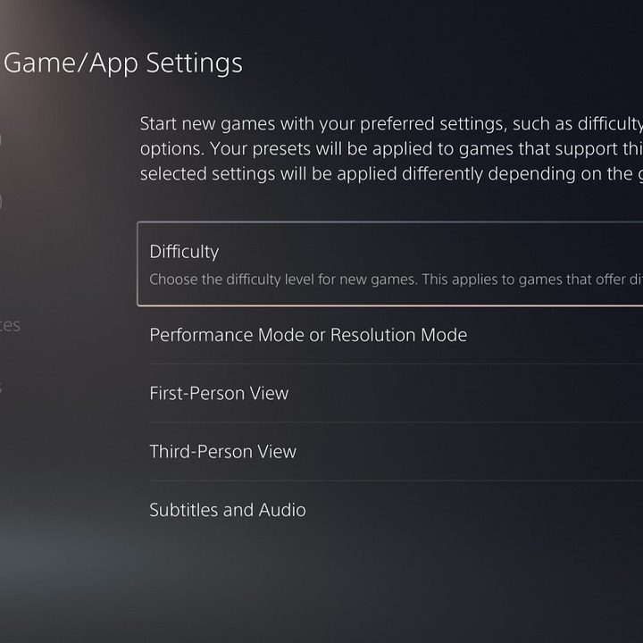The game settings menu on the PS5.