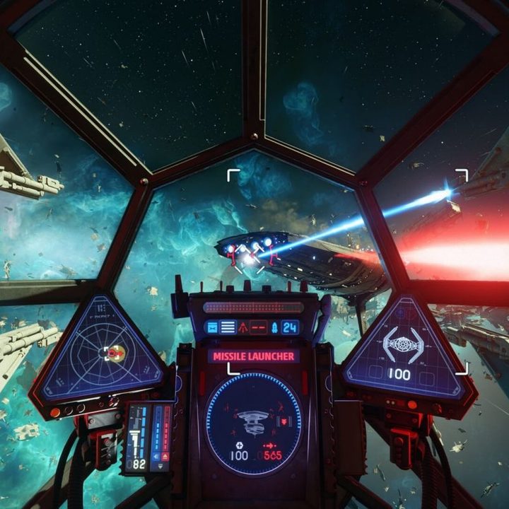 The cockpit of a TIE fighter in space in Star Wars: Squadrons.