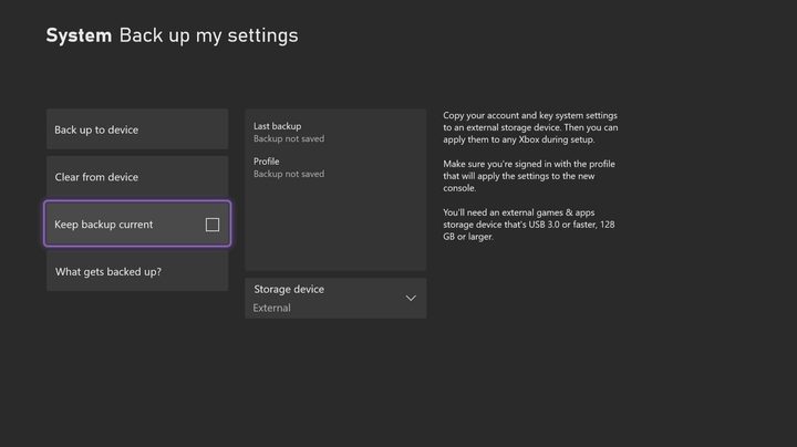 xbox series x backup settings