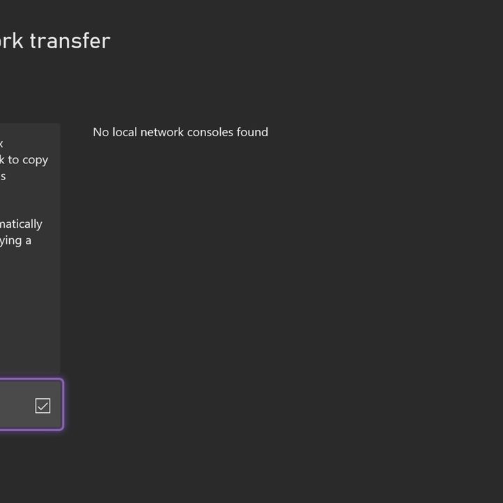Network transfer setting screen on xbox series x.