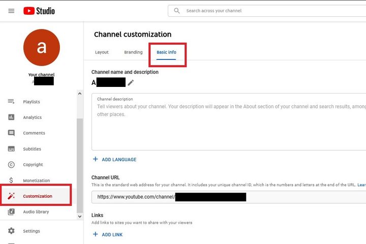 YouTube Studio customization name change screenshot