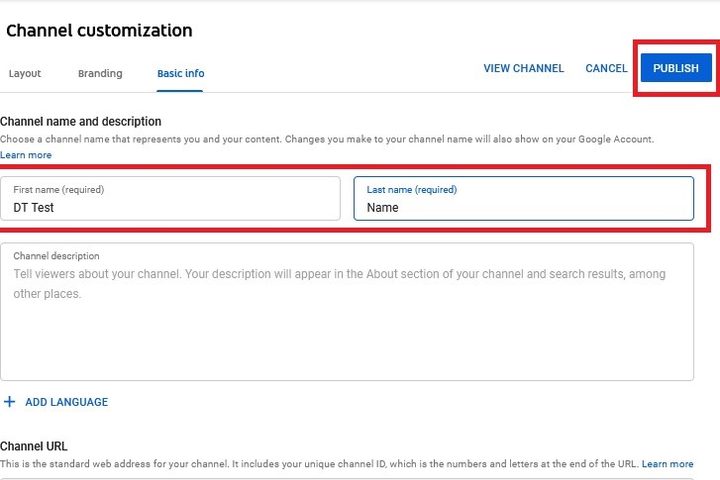 YouTube Studio channel name change publish screenshot