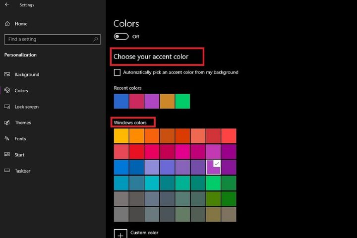 Accent colors in Windows 10 settings screenshot
