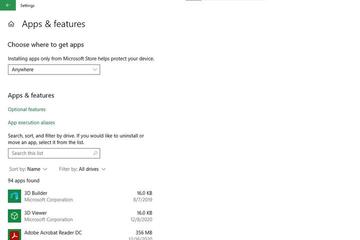 Image of Apps & Features Menu