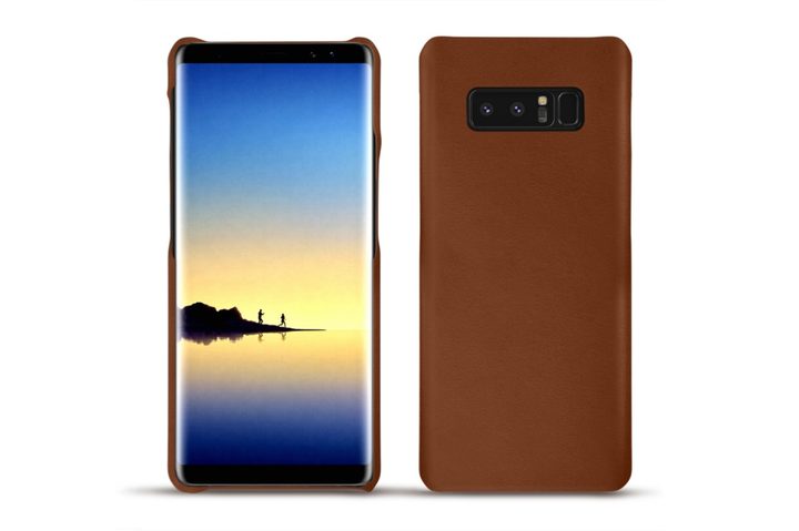 Brown Noreve leather Note 8 phone case. Front and rear view.