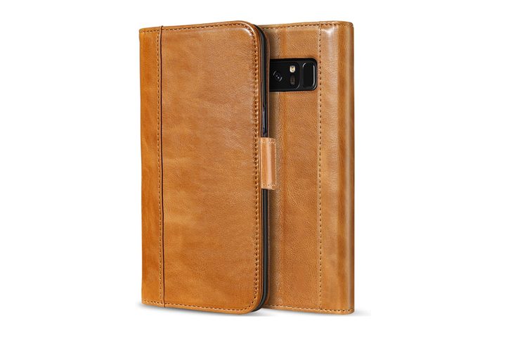 Closed ProCase leather Note 8 wallet phone case. Front and rear view the case folded closed.