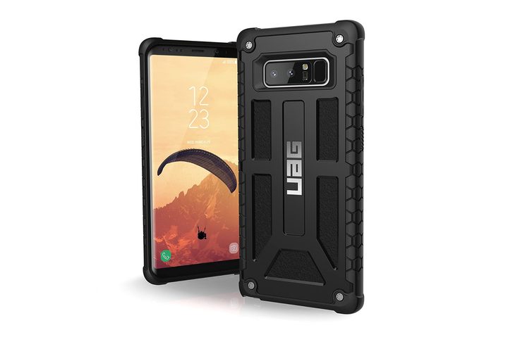 Black UAG Note 8 phone case. Front and rear view.