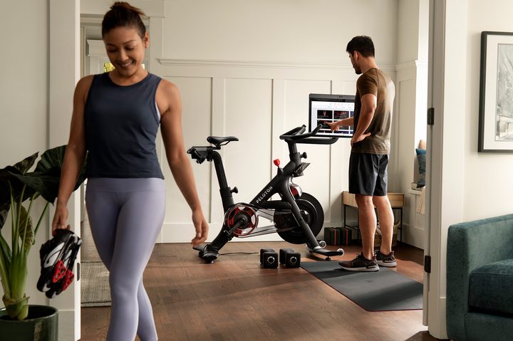 Peloton bike in a living room.