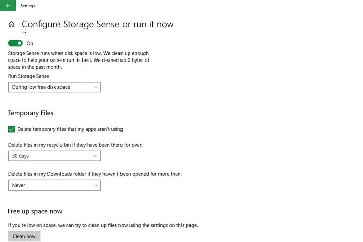 Image of Configure Storage Sense Menu