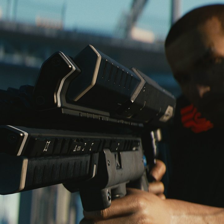 V aiming a sci-fi gun.