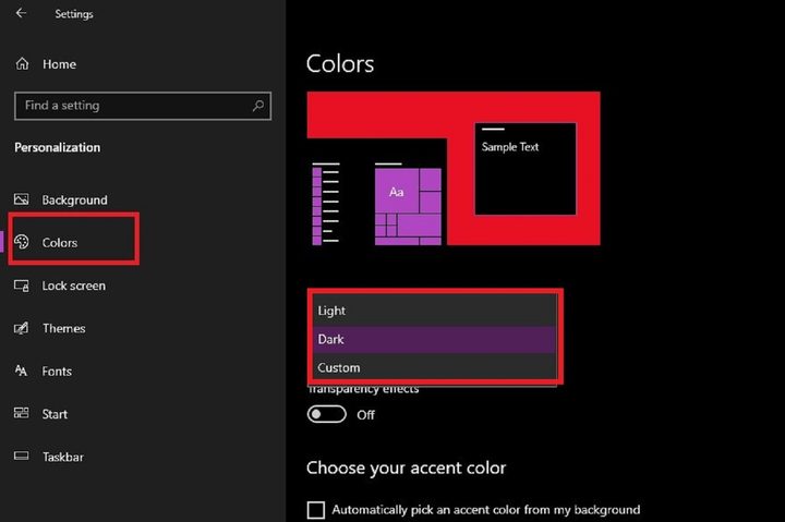 Dark Mode in Windows 10 settings screenshot