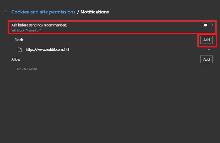 disabling notifications in Edge screenshot