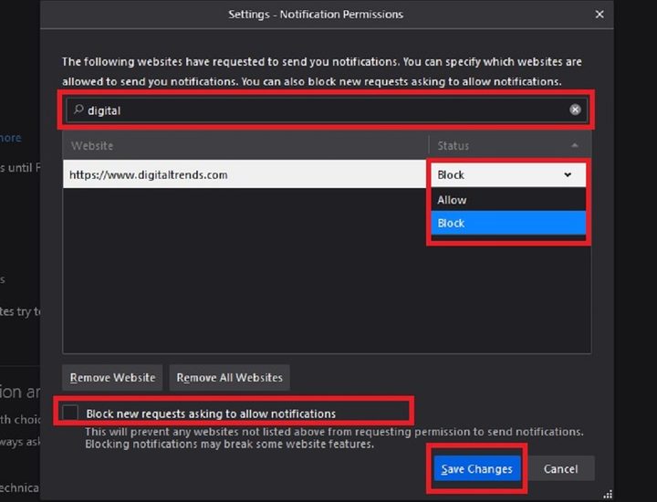 disabling notifications in Firefox screenshot