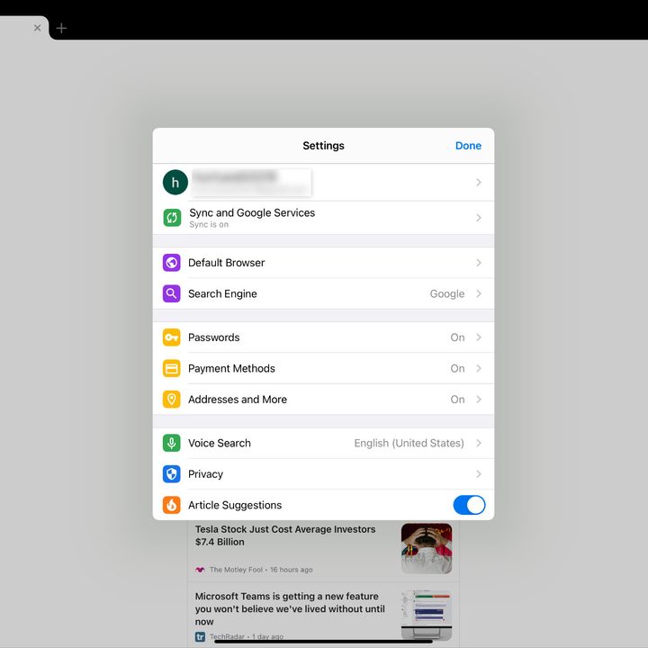 A screenshot of the Google Chrome's settings options on iPad.