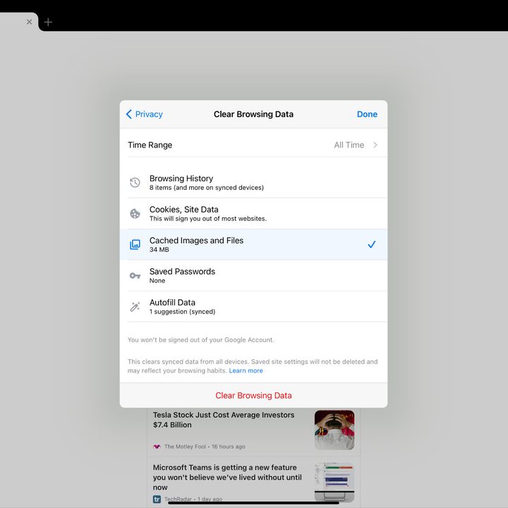 A screenshot of the Google Chrome's browsing data settings options on iPad.