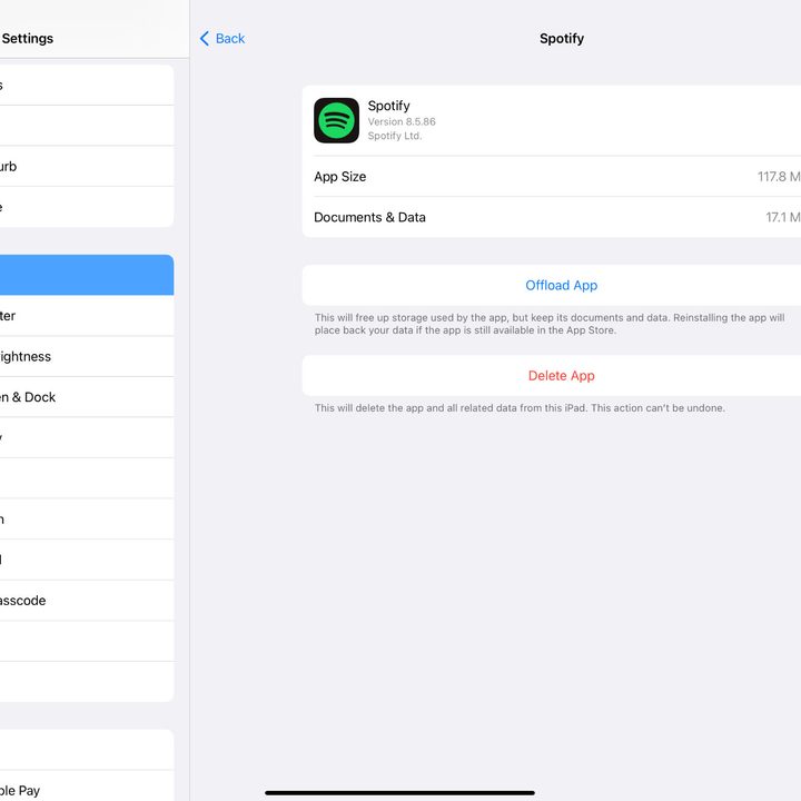 A screenshot of Spotify being deleted in the iPad Storage section.