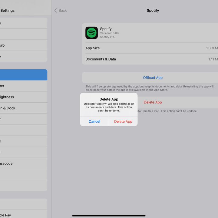A screenshot of Spotify being deleted in the iPad Storage section.