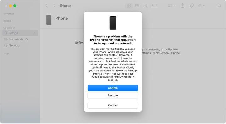 Recovery mode screen for updating or restoring an iPhone.